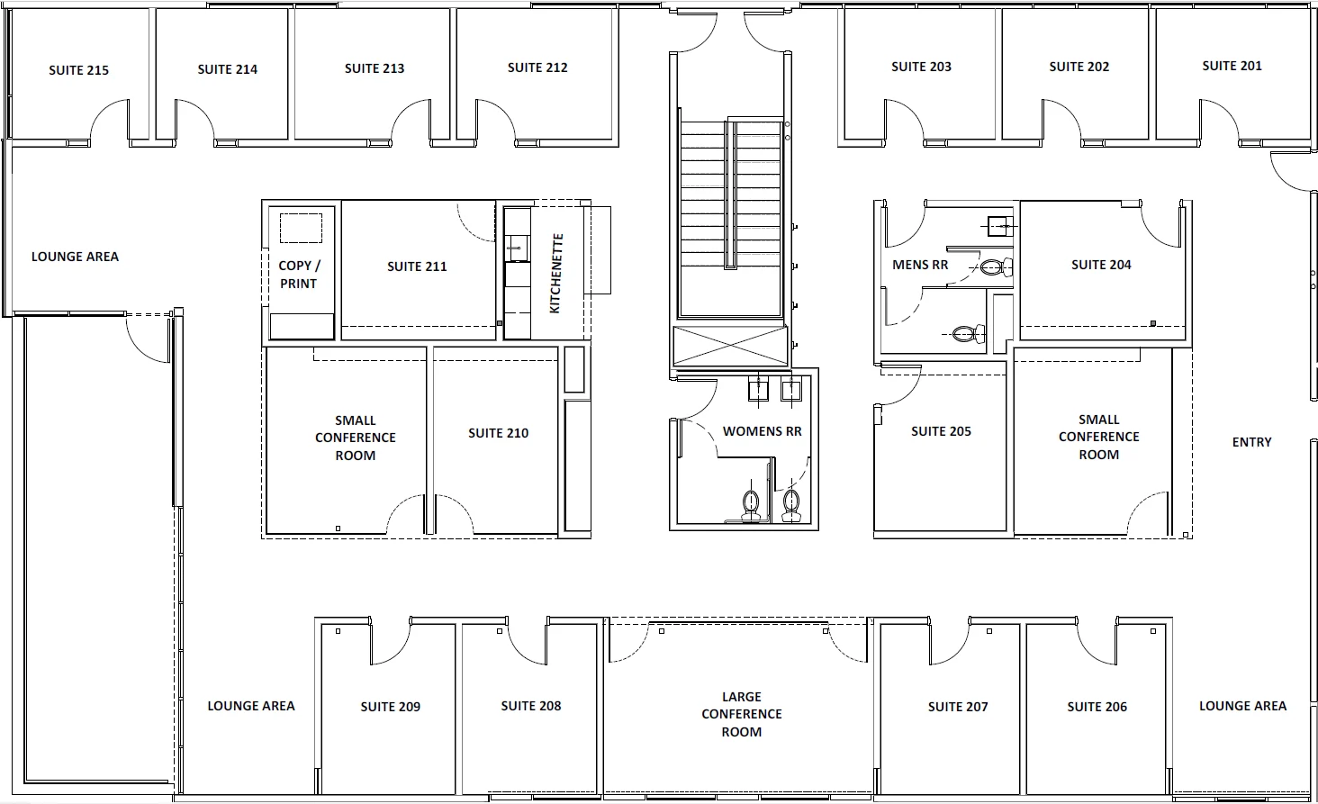 Floor plan of the Assembly second floor showing suites 201 to 215.